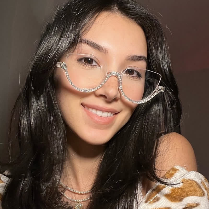 Spykay™ EG26687 Cat-Eye Frame Rhinestone Decor Semi-Rimless Glasses