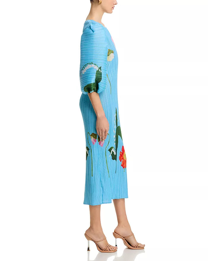 Pleated Floral Print Puff Sleeve Midi Dress