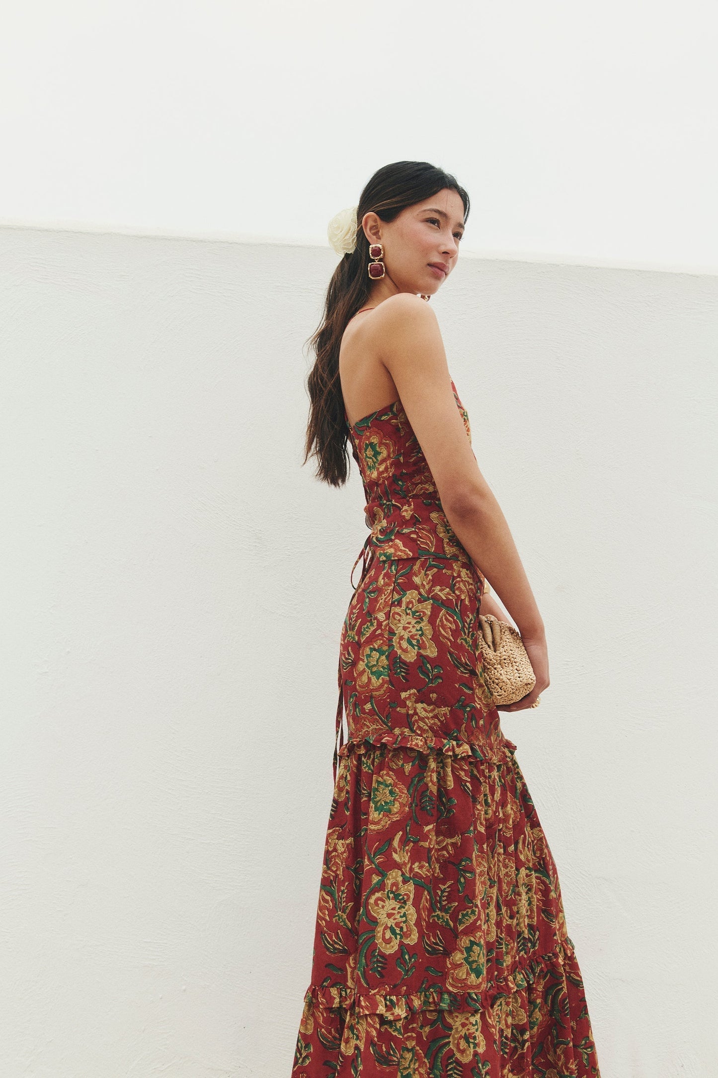 Red Floral - Print Halter Maxi Dress