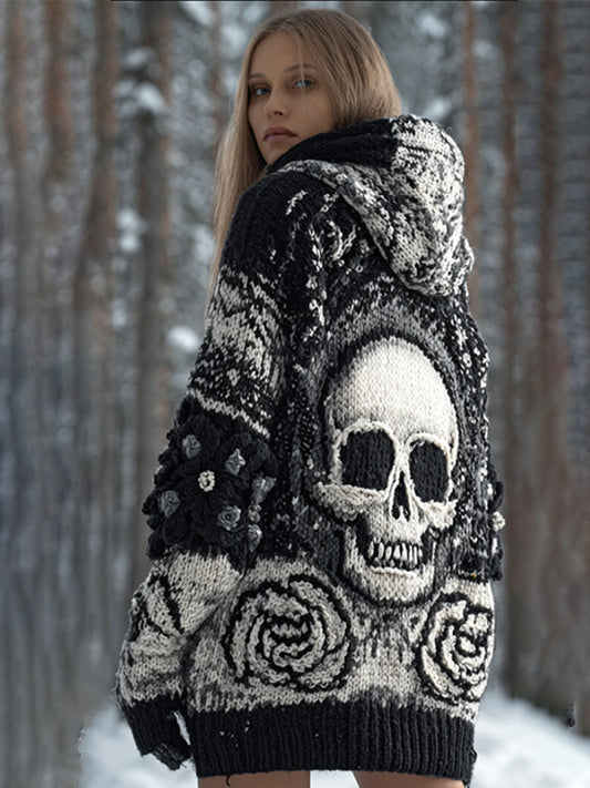 Women's Skull Rose Black And White Hooded Sweater