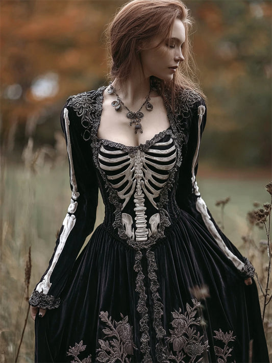 Vintage Classy Skeleton Floral Beaded Trim Velvet Maxi Dress