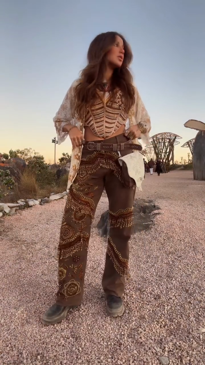 Brown Wide - Leg Pants with Intricate Beadwork