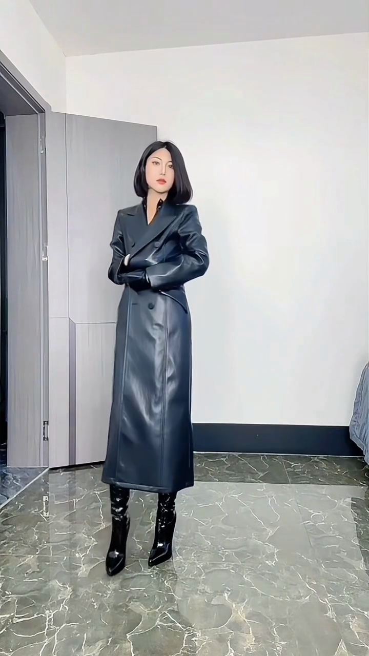 Dark Blue Leather Trench Coat