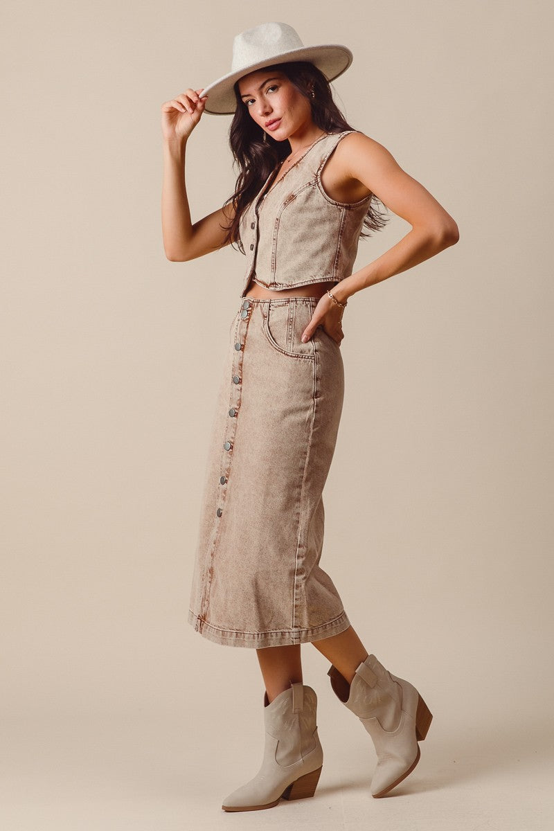 Denim Crop Vest and Midi Skirt Set