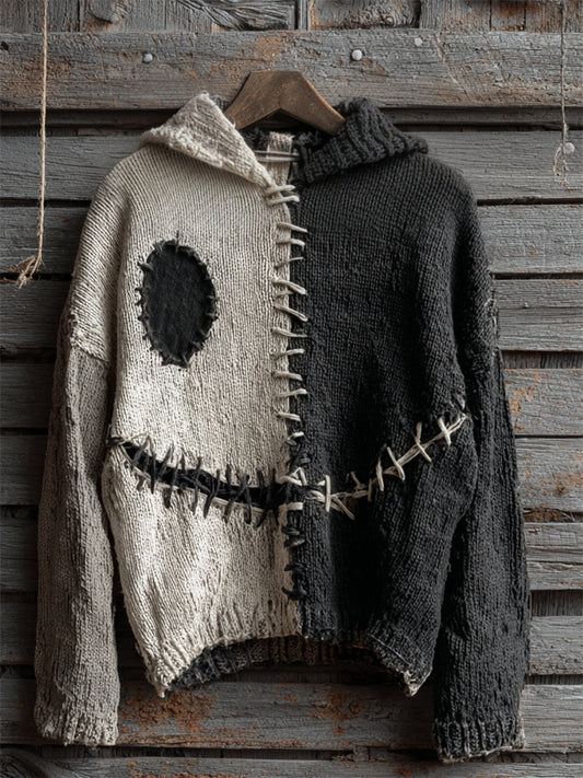Halloween Spooky Face Contrast Stitched Hooded Cozy Knit Sweater