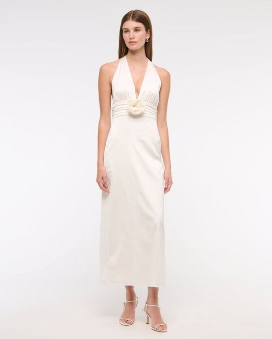 White Halter Neck Satin Maxi Dress
