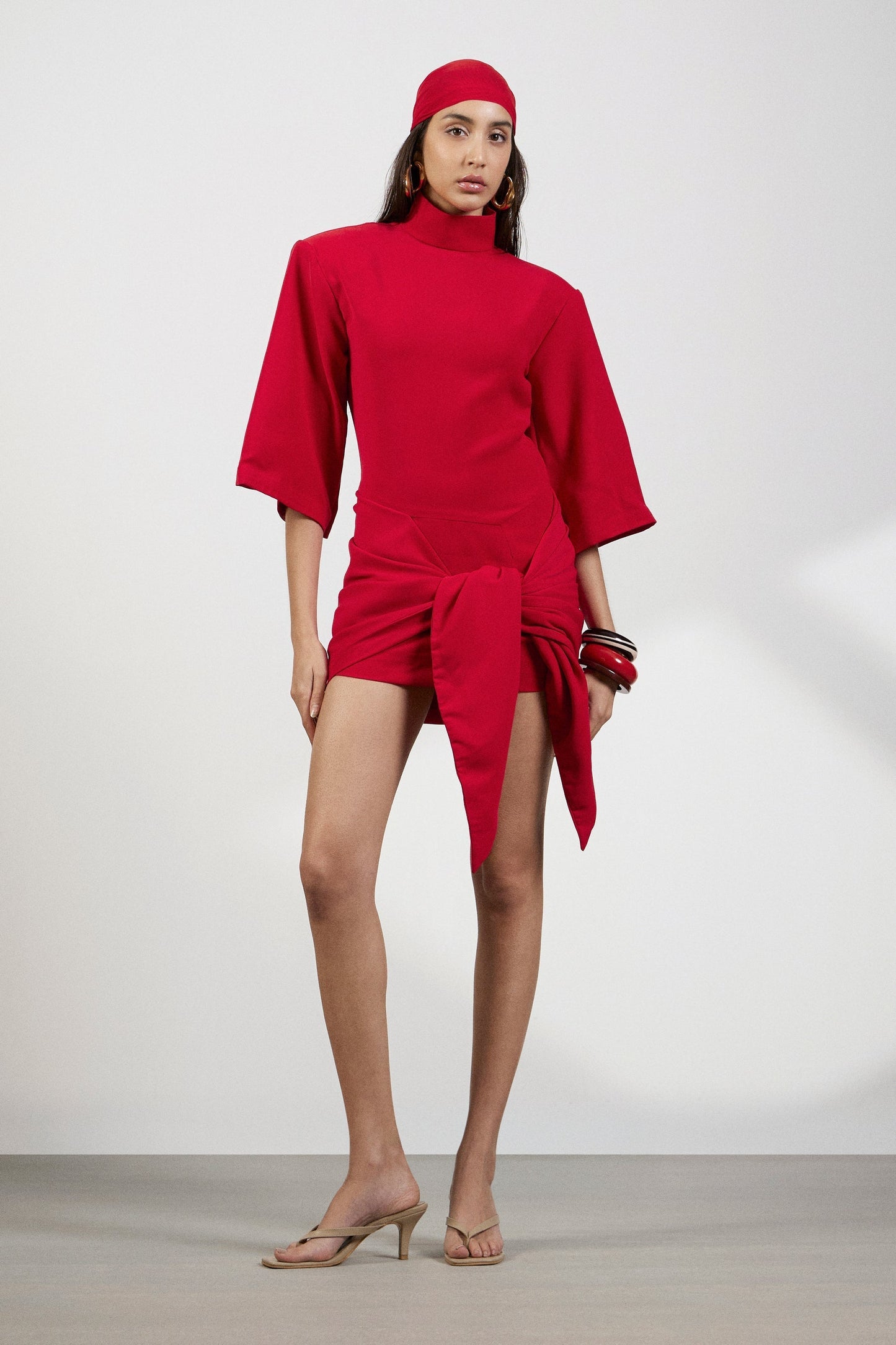 Red High - Neck Tie - Waist Mini Dress