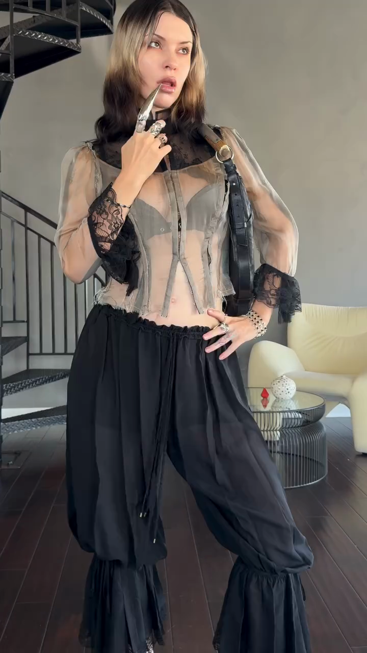 Sheer Mesh Cropped Top and Black Ruffled Harem Pants Set