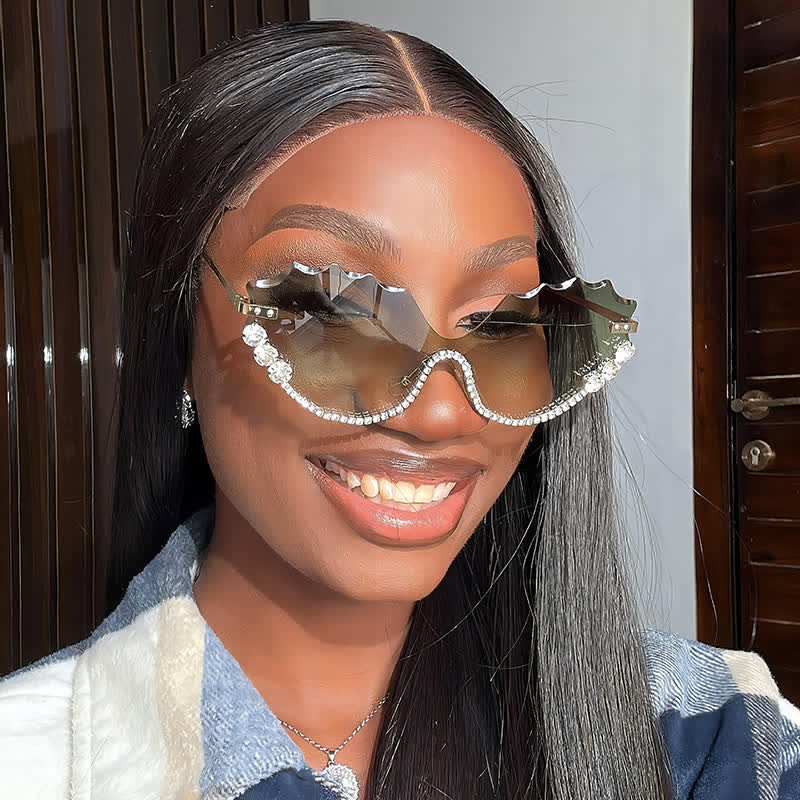 Spykay™ SG60838 Rhinestone Decor Wave Frame Oversized Rimless Sunglasses
