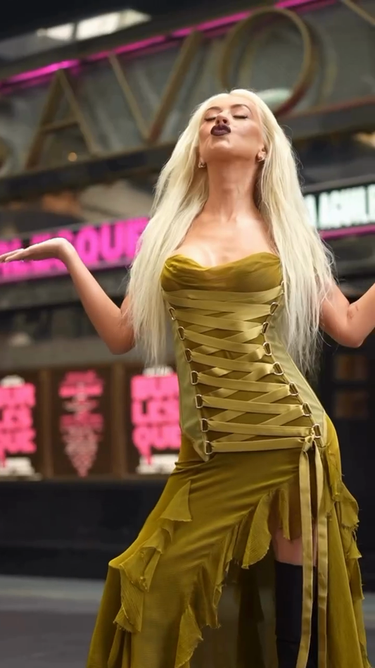 Olive Green Strapless Corset - style Dress with Ruffles