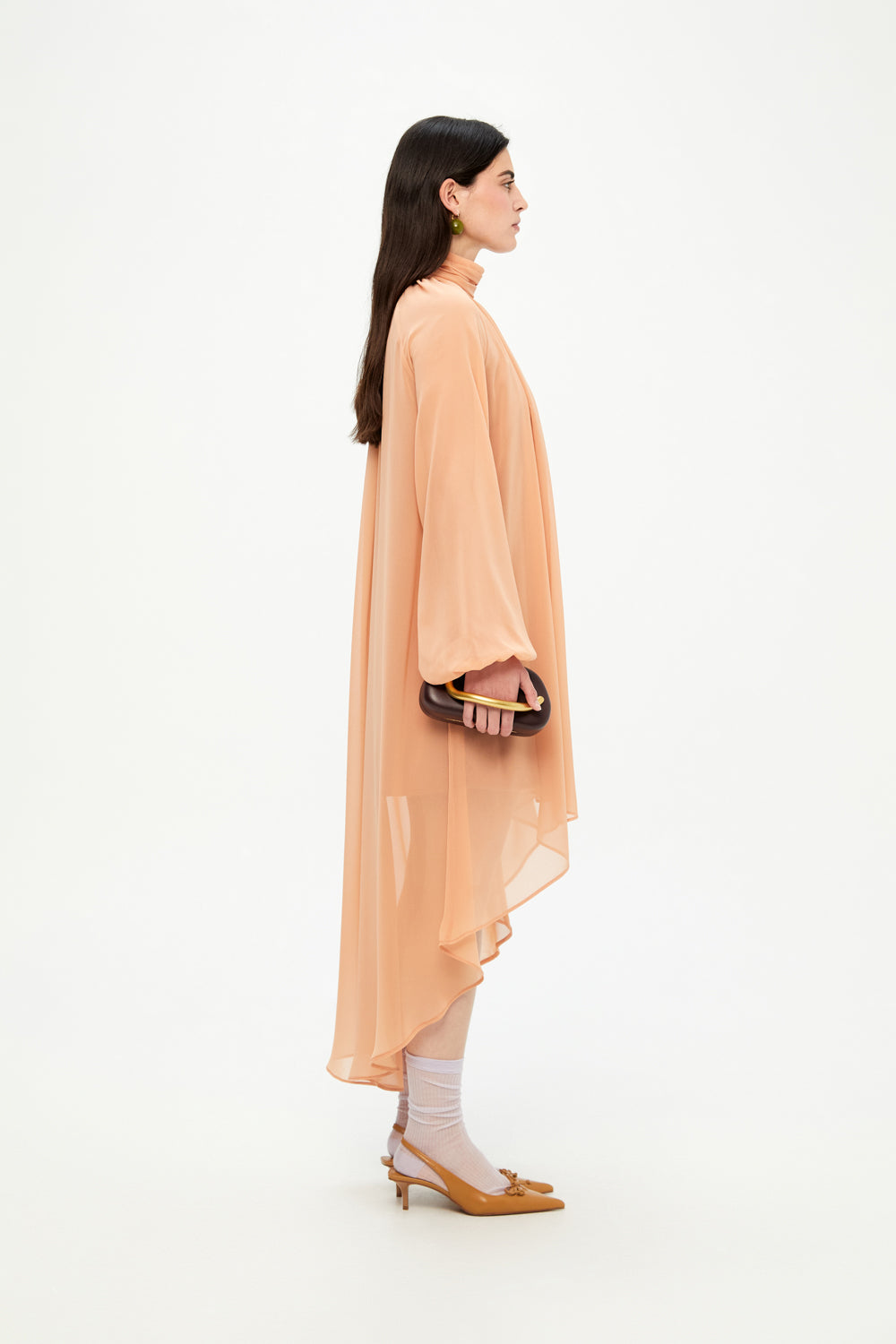 Peach - Colored High - Neck Chiffon Dress