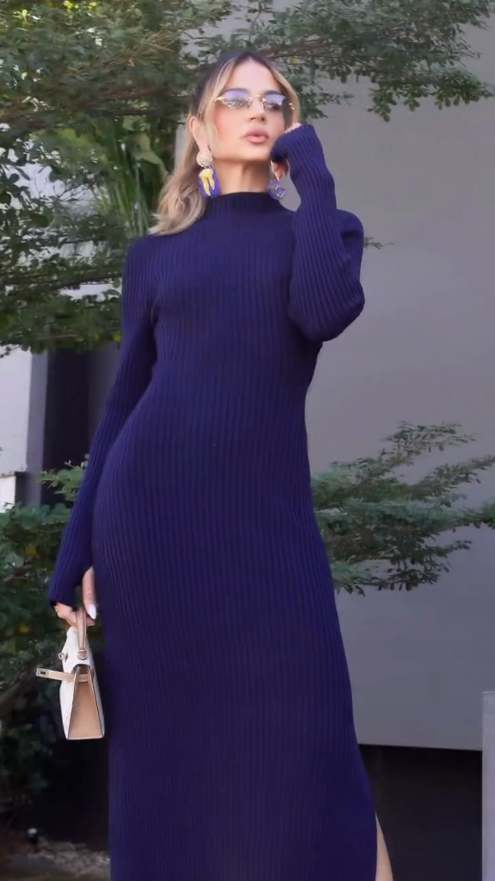 Navy Blue High - neck Ribbed Maxi Dress