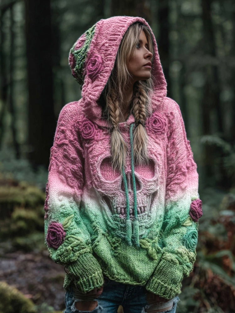 Women's Vintage Viking Skull And Rose Gradient Art Knit Hooded Sweater