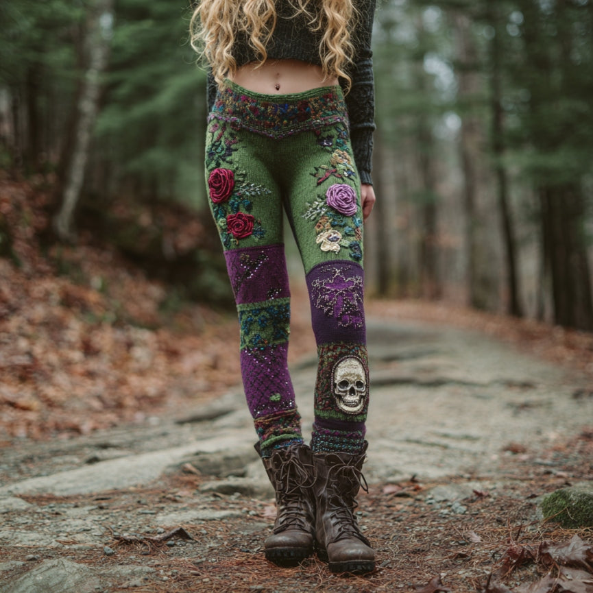 Women's Vintage Skull And Rose Patchwork Comfortable Leggings