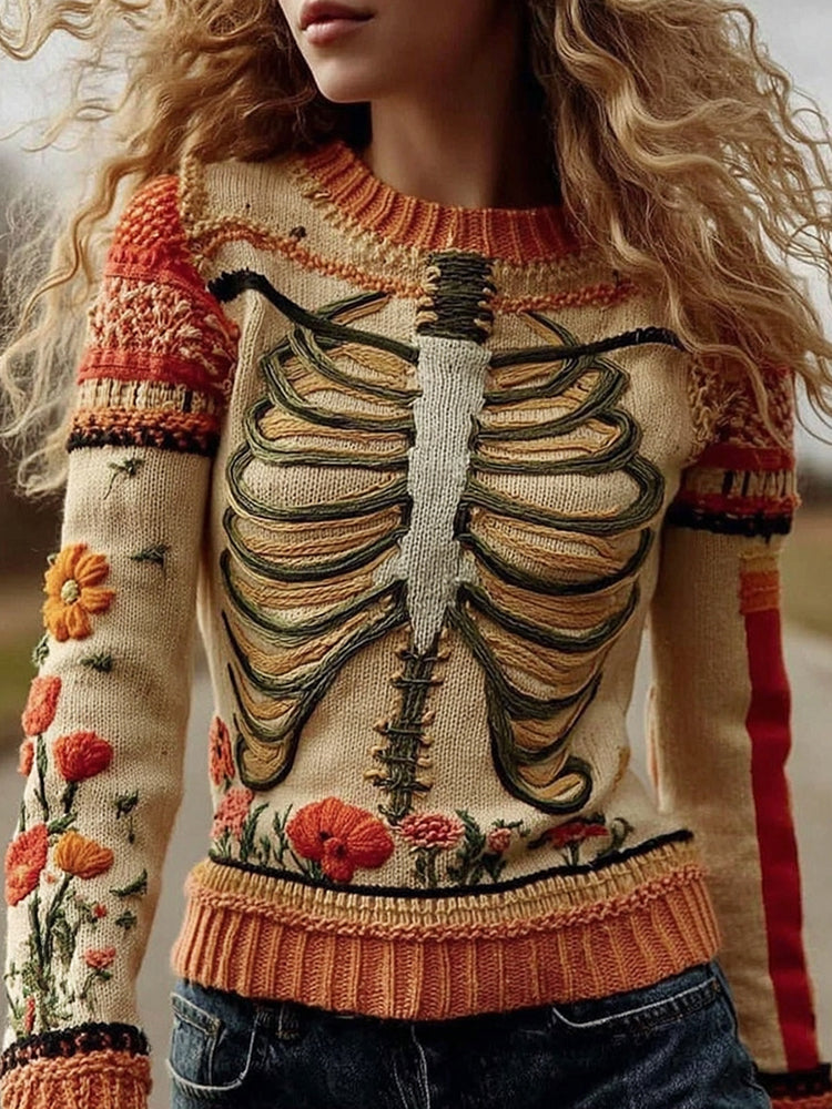 Vintage Halloween Anatomy With Floral Art Chunky Knitted Sweater