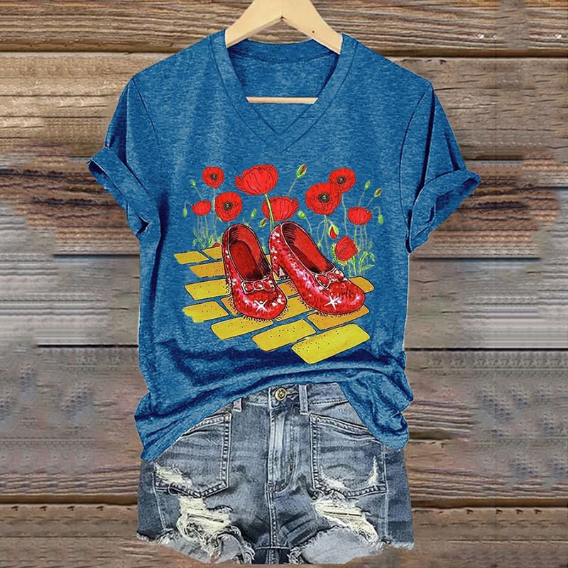 Classic Ruby Red Shoes Floral Painting V-Neck T-Shirt