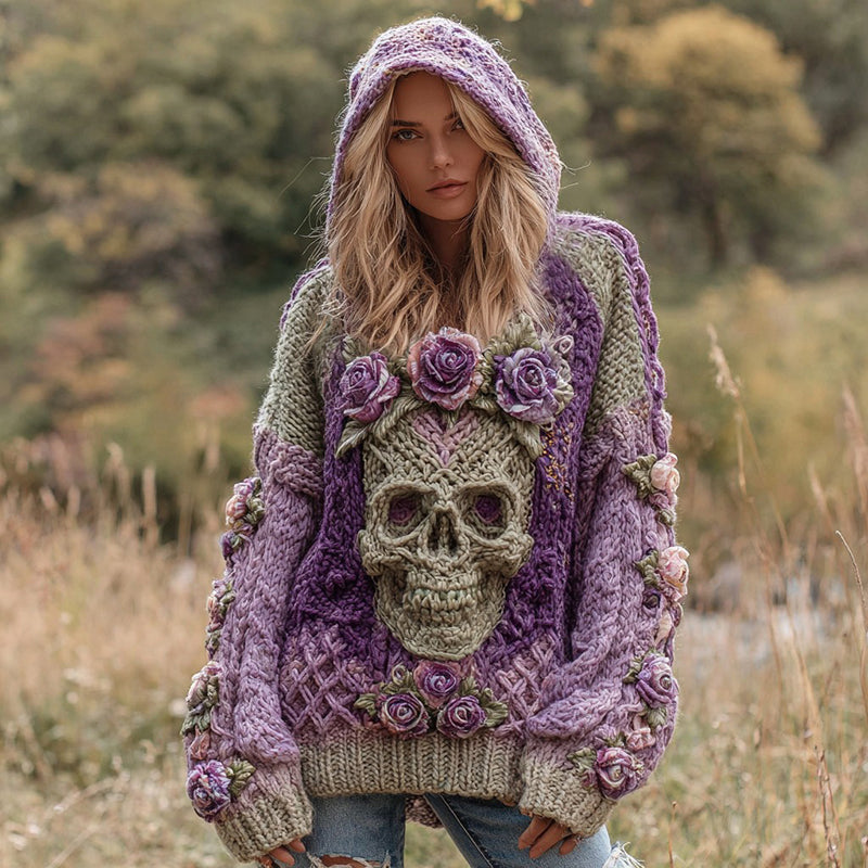 Women's Rose And Skull Inspired Knit Cozy Hooded Sweater