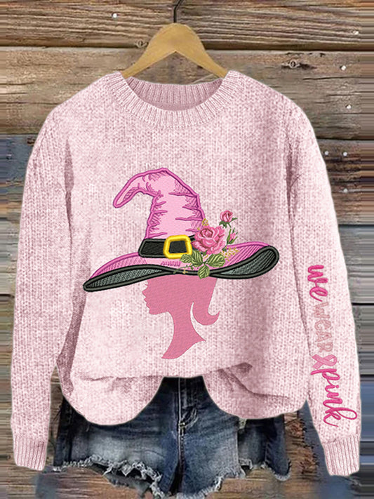 Pink Witch We Wear Pink Embroidery Art Women's Crew Neck Cozy Sweater