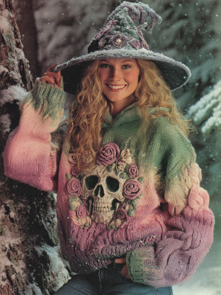 Women's Gradient Rose And Skull Inspired Chunky Knit Hooded Sweater