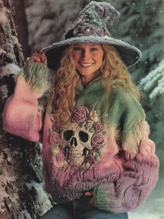 Women's Gradient Rose And Skull Inspired Chunky Knit Hooded Sweater