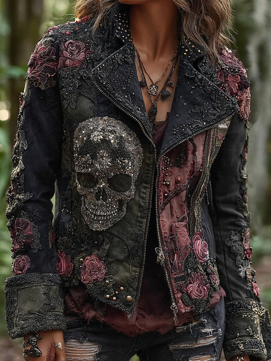 Rose Skull Embroidered Patchwork Gothic Rock Lapel Denim Jacket