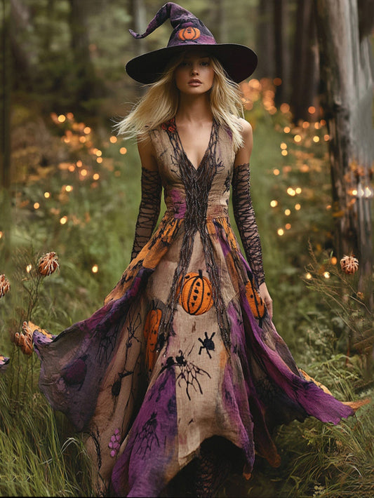 Halloween Themed Tie-dye Ombre Pumpkin Spider Embroidered Beaded Witch Maxi Dress