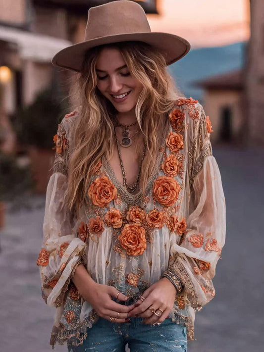 Women's Orange Rose Embroidery Casual V-neck Shirt