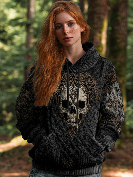 Women's Vintage Viking Tribal Celtic Skull Gradient Art Chunky Knit Hooded Sweater