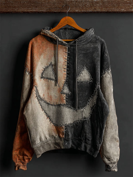Halloween Pumpkin Face Contrast Patchwork Washed Hoodie