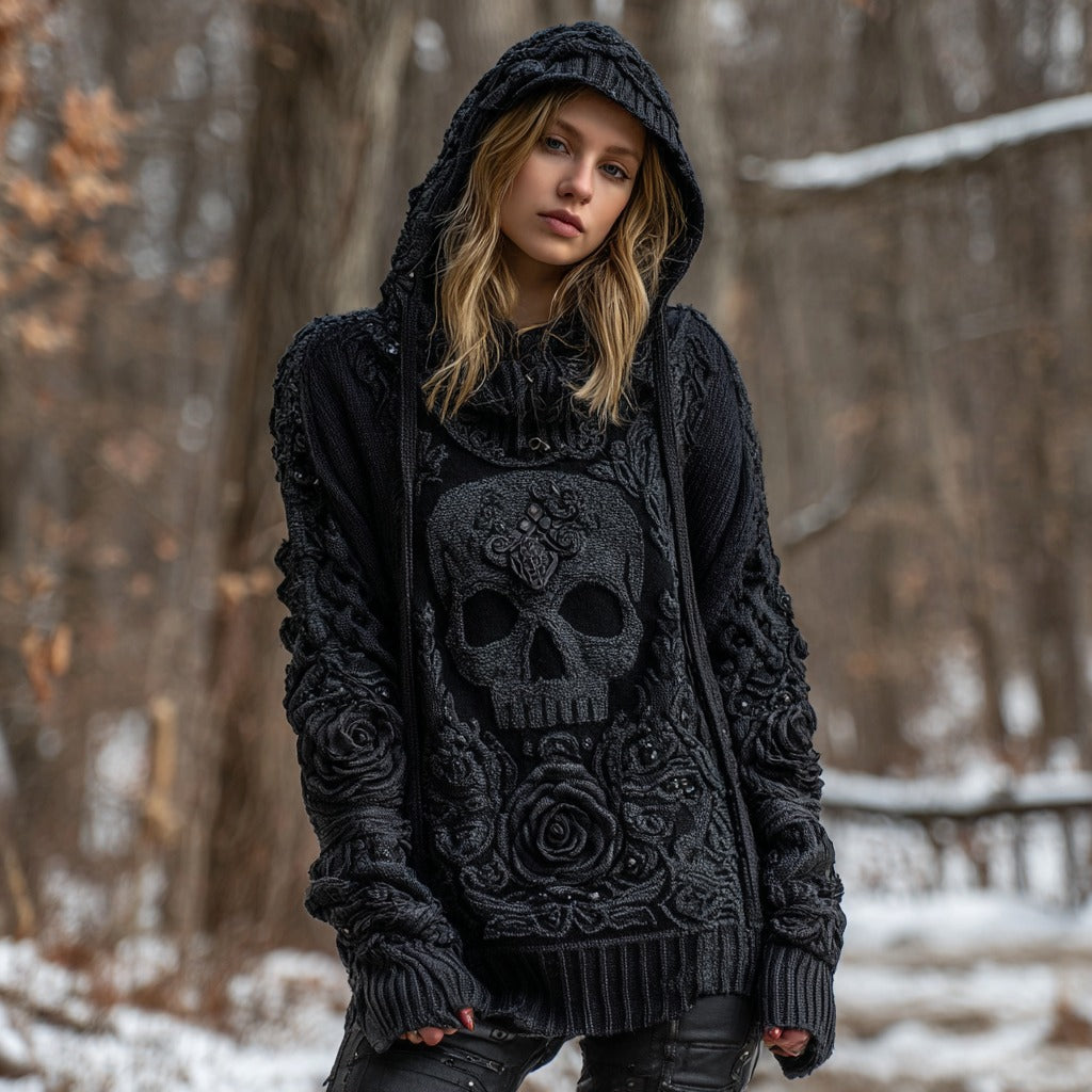 Women's Vintage Celtic Knot Skull And Roses Knitted Hooded Sweater