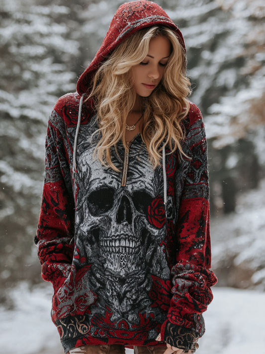 Halloween Skeleton Element Viking Style Women's Hooded Pullover Knit Sweater