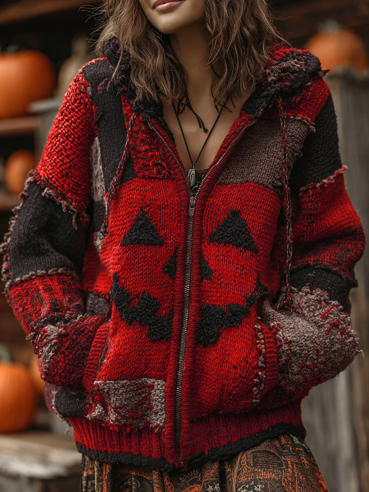 Patchwork Halloween Pumpkin Face Art  Cozy Knit Hooded Cardigan