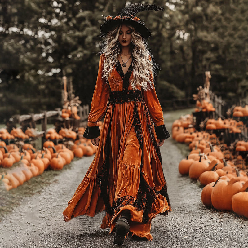 Women's Classic  Pumpkin Orange Halloween Art Comfy Velvet Maxi Dress