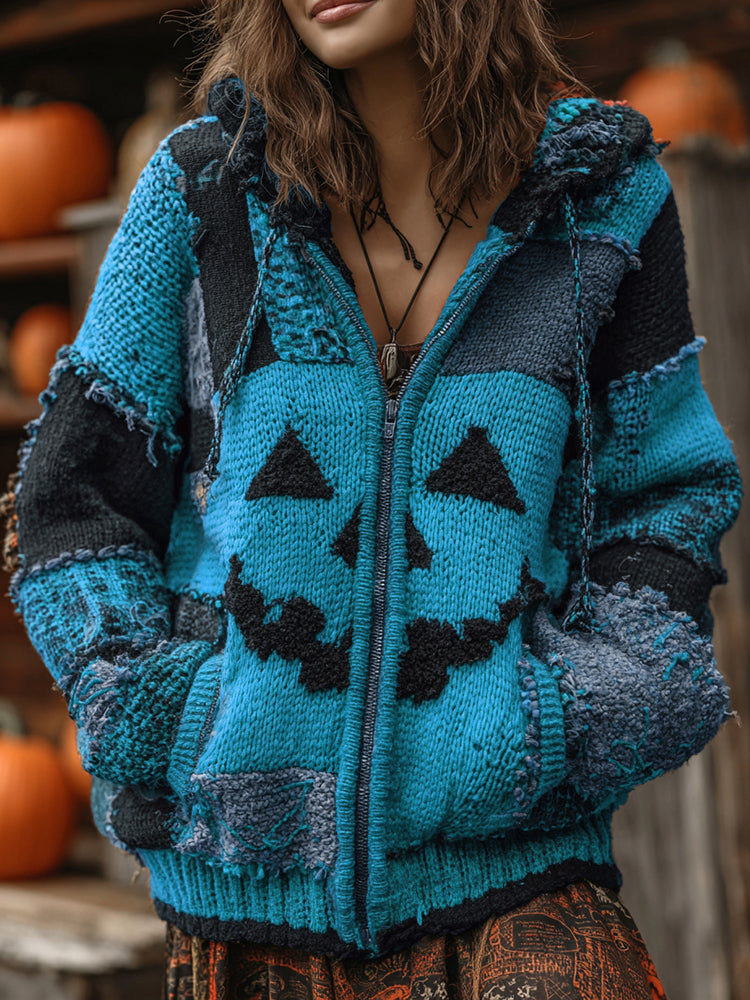 Patchwork Halloween Pumpkin Face Art  Cozy Knit Hooded Cardigan
