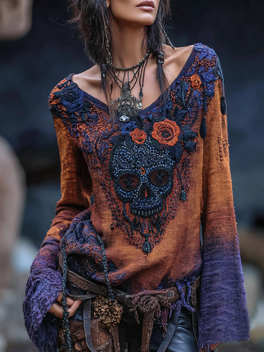 Rose Skull Rhinestone Contrast V Neck T-shirt