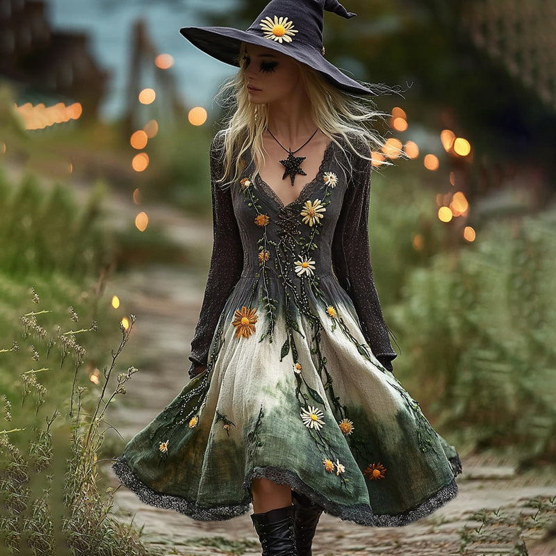 Women's Halloween Gradient Daisy Witch Midi Dress