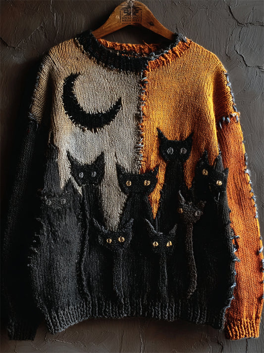 Halloween Night Black Cats Crochet Contrast Stitched Cozy Knit Sweater