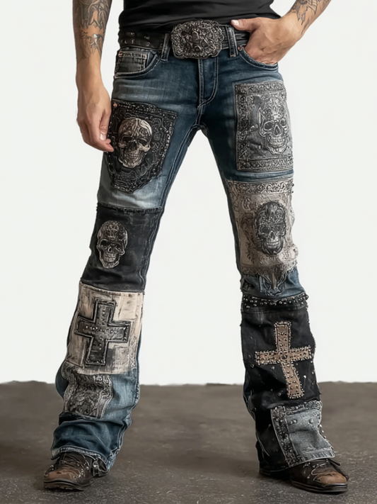 Rock Punk Skull Cross Element Retro Distressed Heavy Workwear Men's Denim Long Pants