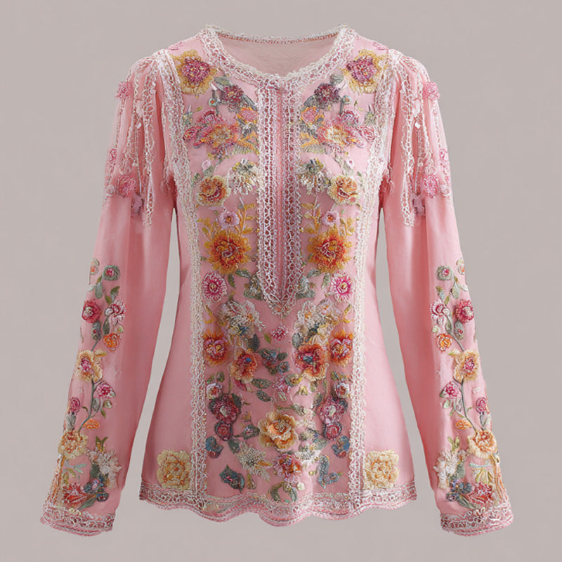 Women's Pink Floral Pink Embroidery Print T-shirt