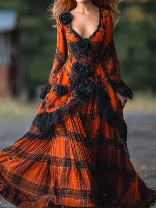 Vintage Gothic Black Roses Lace Trim Plaid Maxi Dress