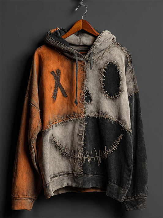 Halloween Pumpkin Face Colorblock Patchwork Hoodie
