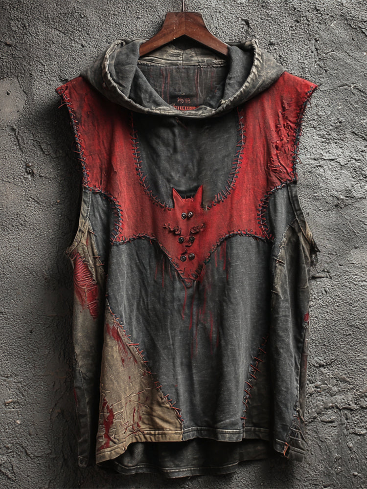 Halloween Bat Vintage Patchwork Men's Hooded Tank
