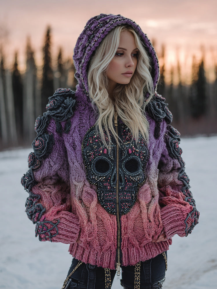 Women's Vintage Celtic Skull Gradient Art Cozy Knitted Hooded Cardigan