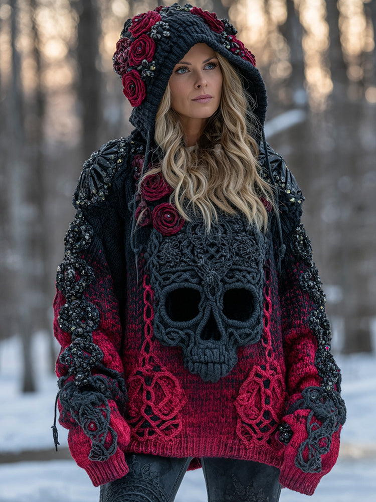 Women's Vintage Skull Flower Gradient Celtic Art Cozy Knitted Hooded Sweater