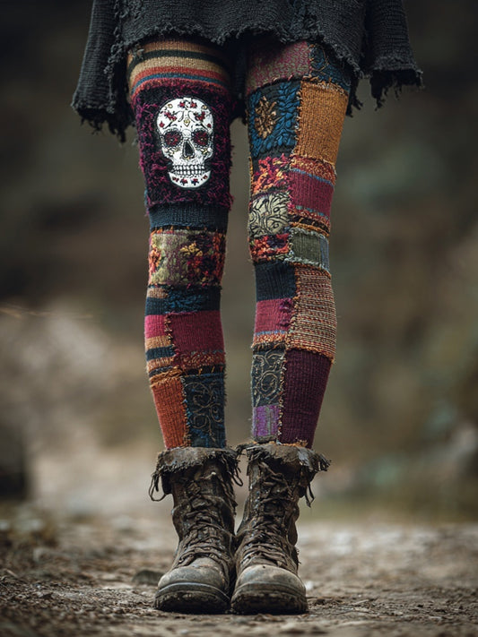 Halloween Skull Vintage Patchwork Cozy Knit Leggings