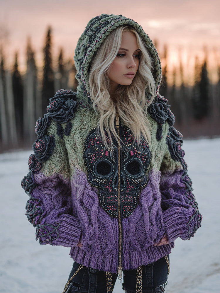 Women's Vintage Celtic Skull Gradient Art Cozy Knitted Hooded Cardigan