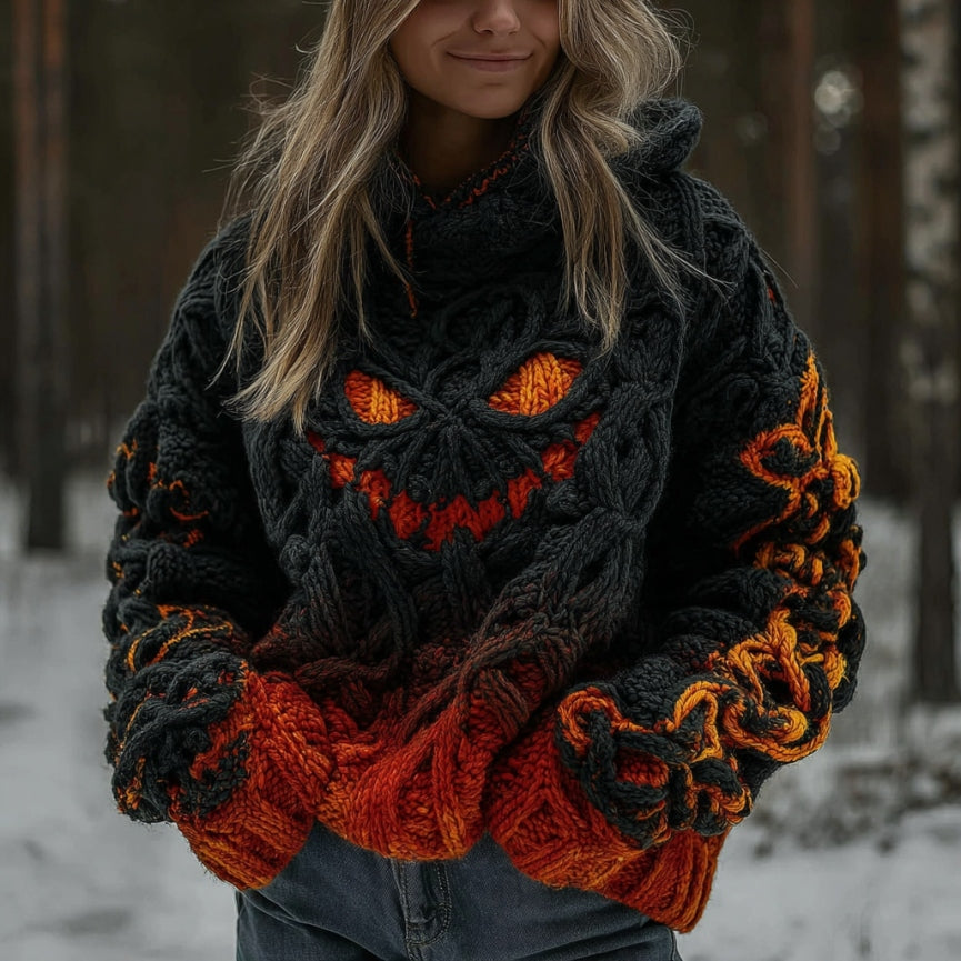 Women's Halloween Spooky Pumpkin Art Gradient Vintage Cozy Knit Hooded Sweater