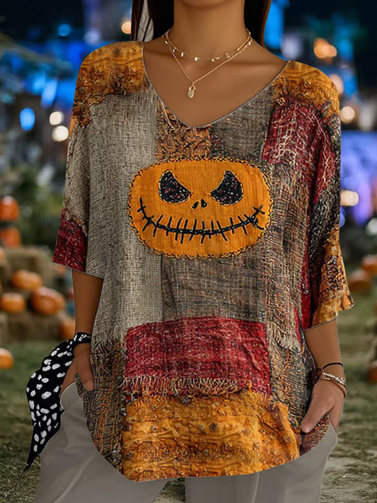 Women's Halloween Retro Pumpkin Emoticon Print Top