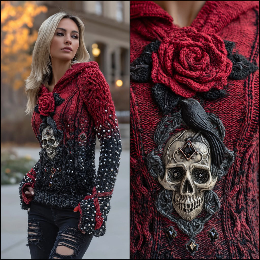 Women's Viking Tribal Raven With Rose And Skull Inspired Knit Hooded Sweater