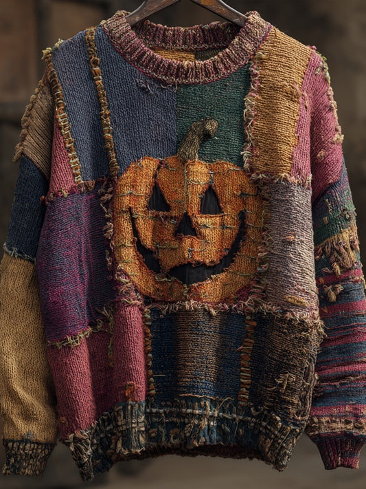 Vintage Spooky Pumpkin Face Embroidered Patchwork Knitted Sweater